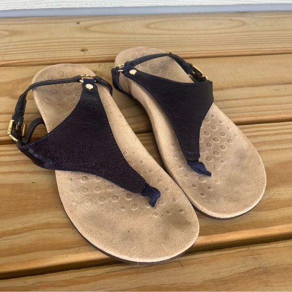 VIONIC Kirra Metallic Blue Sandal Comfort T Strap Thong Ankle Strap 7.5 Navy - Picture 1 of 10
